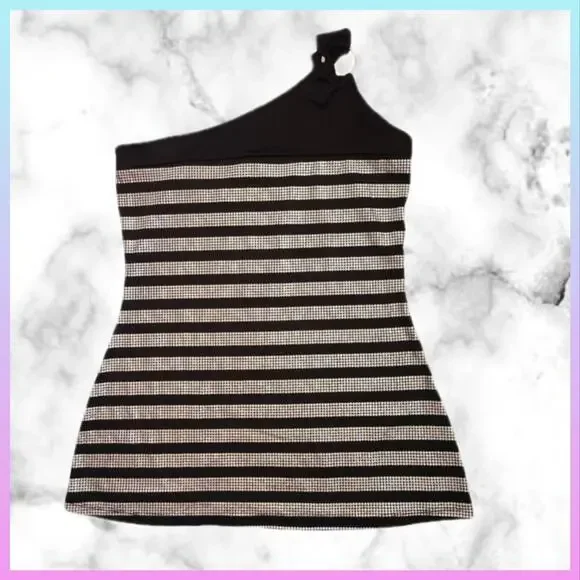 Egen Y2K Black And Silver One Shoulder Blouse SZ M - Picture 8 of 8